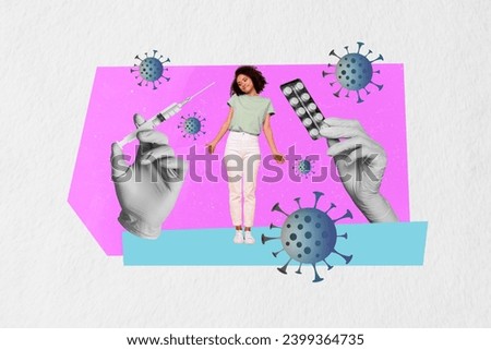 Collage image of black white effect latex gloves arms hold injection vaccine pills mini girl shrug shoulders flying virus bacteria