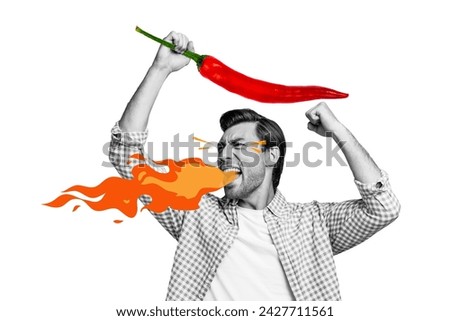 Collage image of black white effect crazy guy raise fist arm hold big spicy hot chili pepper fire flame breath mouth