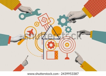 Collage image of black white effect people arms point fingers hold magnifier loupe cogwheel gear mechanism pieces isolated on creative background
