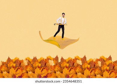 Collage image of cheerful mini elegant guy hold umbrella flying big fallen leaf isolated on creative autumn beige background