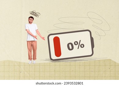 Collage image of clueless guy mess mind above head showing low energy battery health indicator isolated on paper background