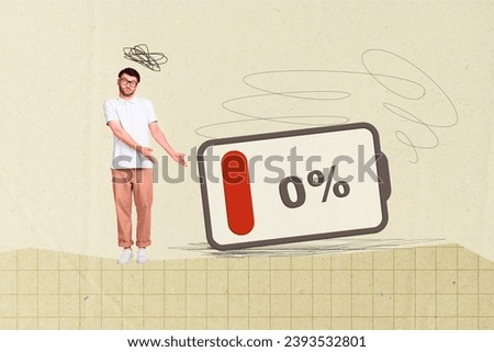 Collage image of clueless guy mess mind above head showing low energy battery health indicator isolated on paper background