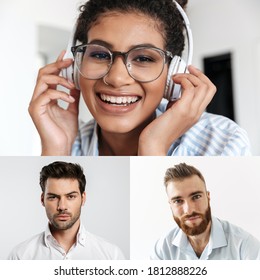 Collage image of different young multinational people looking at camera