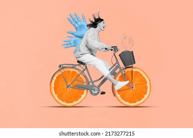 Collage image of excited positive girl black white colors drive bike orange slices instead wheels drawing big hands back