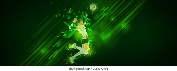 Collage With Image Of Female Volleyball Player Playing Volleyball Isolated On Dark Green Background With Neoned Polygonal Elements. Concept Of Art, Creativity, Sport, Energy And Power. Banner, Flyer