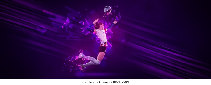 Collage With Image Of Female Volleyball Player Playing Volleyball Isolated On Dark Background With Neoned Elements. Concept Of Art, Creativity, Sport, Energy And Power. Horizontal Banner, Flyer