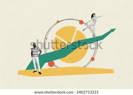 Collage image financial investors banner of young colleagues working in team growth pie chart graphic progress isolated on gray background