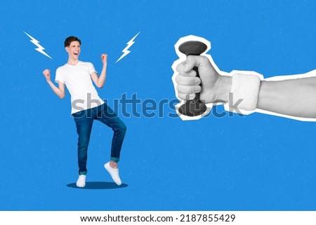 Collage image of funny guy dude want start sport life imagine strong muscular arm body isolated on painting color background