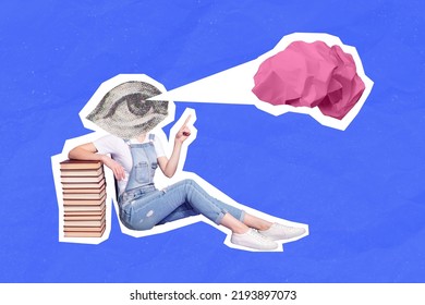 Collage Image Of Girl Sitting Floor Pile Stack Book Huge Eye Instead Head Point Finger Crumpled Object Isolated On Drawing Background