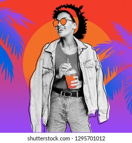 Collage image Happy mixed race female and stylish Afro hairs posing outdoor   holding cherry lemonade   wearing jeans jacket    Gradient  palm   sunset  