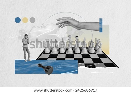 Collage image of mini unsatisfied black white effect man lost chess game big arm clouds isolated on paper background