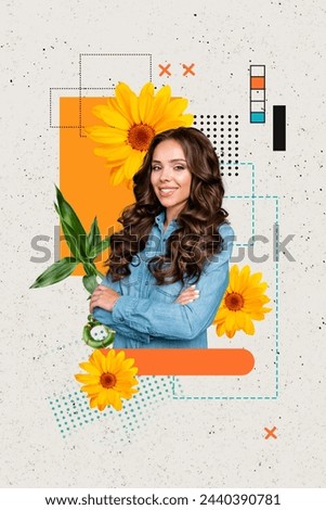 Collage image picture of attractive pretty lovely cute girl with folded arms stylish clothes isolated on creative drawing background