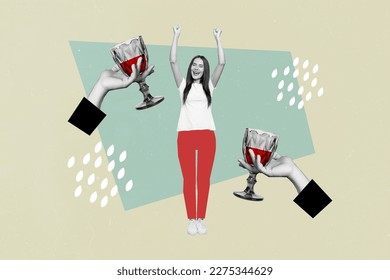Collage image picture sketch poster of overjoyed girl victory friday mood weekend cheers clink tasty wine isolated on drawing background