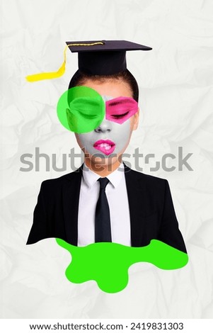 Collage image picture of worried nervous woman graduate biting lips isolated on creative background