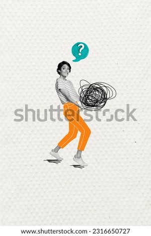 Collage image picture of worried stressed minded girl carrying heavy thoughts hard decision question isolated on white color background