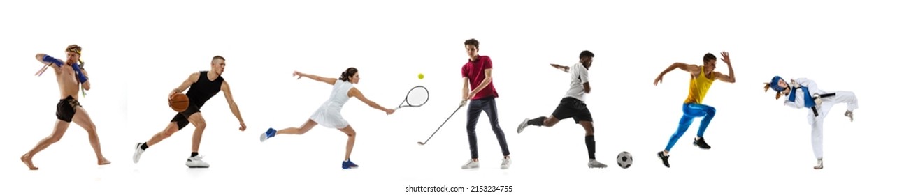 Collage Of Image Of Players Of Tennis, Golf, Soccer, Football, Basketball, Runner, Fitness And MMA Boxer And Judo. Fit Women And Men Isolated On White Background. Flyer, Poster