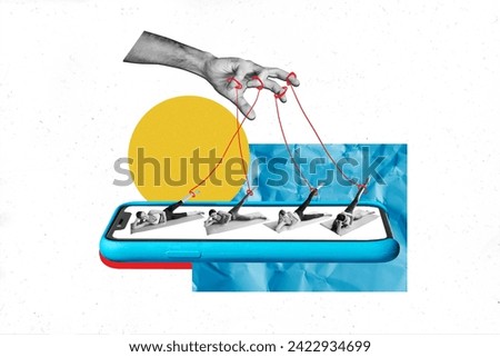 Collage image poster of human arm with string on fingers manipulating sporty girl lying on screen