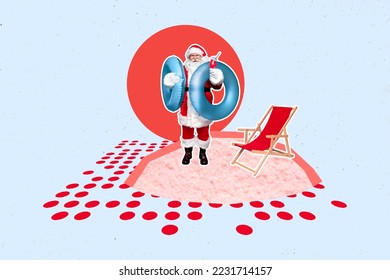 Collage image of santa claus hands hold inflatable ring chaise longue sand beach isolated on creative background - Powered by Shutterstock