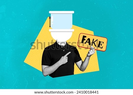 Collage image standing young headless man pointing fake news toilet instead face mass media control propaganda public brainwashing