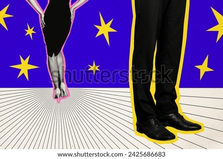 Collage image of two black white effect cropped people legs formal clothes shoes isolated on painted stars creative background
