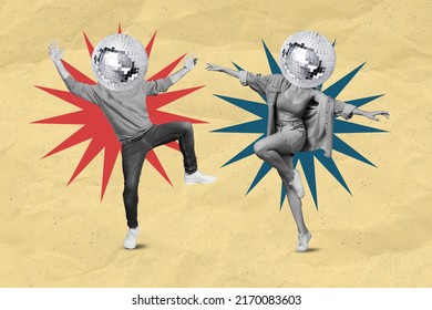 Collage image of two headless disco ball people with black white colof effect have fun dancing isolated on pastel painting background