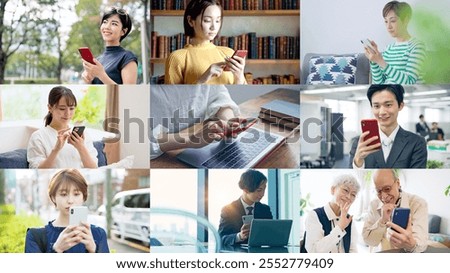 Collage image of various people using smartphones, for title visual or banner advertisement etc.