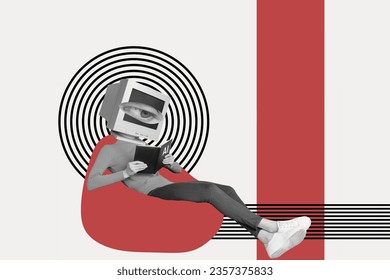 Collage image woman no face sitting beanbag reading ai book learning modern technology isolated drawing background