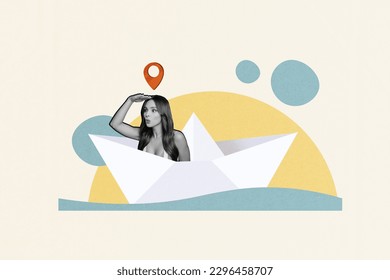 Collage image of young funky woman hand forehead searching adventures paper ship geotag location ocean waves isolated on drawn background