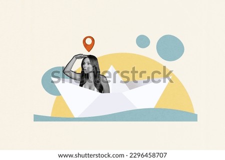 Collage image of young funky woman hand forehead searching adventures paper ship geotag location ocean waves isolated on drawn background