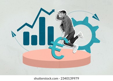 Collage image of young guy startup working business owner searching stats information euro currency increase isolated on blue background - Powered by Shutterstock