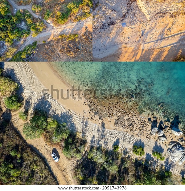 Collage of images from a\
drone as it comes into land on a tropical sandy beach, including a\
parked car