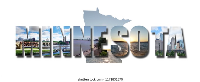 Collage of images from Minnesota including Minneapolis and Duluth, over an image of the state                               