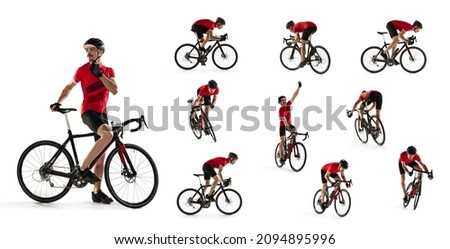 Collage of images of professional cyclists, riding a bike in protective helmet isolated over white background. Concept of sport, strength, action, motion, vitality, health. Copy space for ad