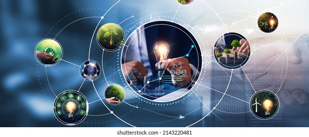 Collage of images that promote green energy. Developing and growing ecological and sustainable businesses. Sustainable development on renewable energy.Renewable energy-based green businesses  - Shutterstock ID 2143220481