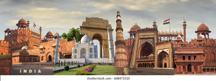 Collage of India monuments heritage sites landmarks and tours and travel destinations.