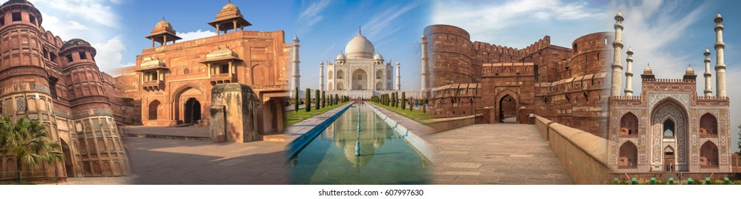 Collage India monuments and travel destinations at Agra