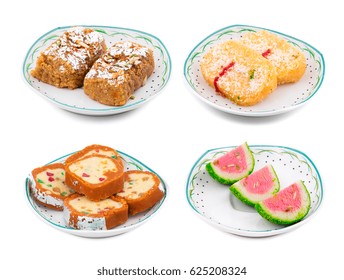 Collage Of Indian Sweet Food Gulab Halwa, Chena Toast, Mawa Peda Or Watermelon Barfi  In Small Plate Isolated On White Background 