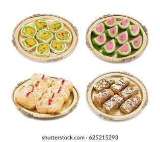 Collage Of Indian Sweet Food Mawa Peda, Watermelon Barfi, Chena Toast Or Gulab Halwa In Vintage Golden Plate Isolated On White Background 