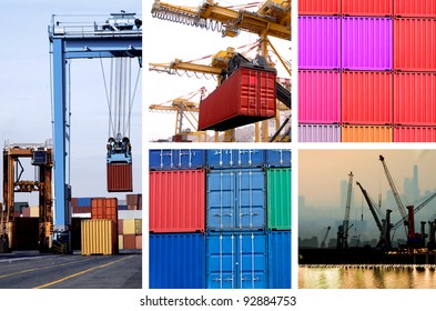 collage of industrial cranes for cargo containers in port