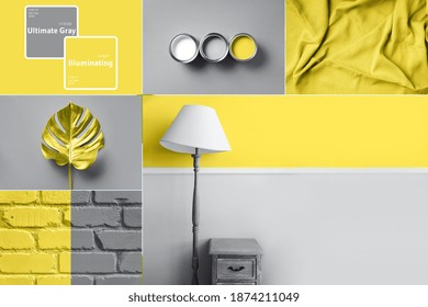 Collage inspired by trendy colors of year 2021. Illuminating yellow and ultimate gray concept. Style design combination. Duotone. Color Psychology. Minimalistic interior. Depression treatment.