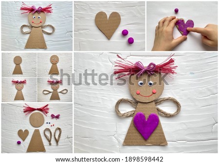 Collage, instructions on how to make a doll with a heart from cardboard recycling, kids craft.