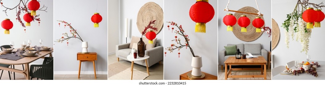 Collage with interiors decorated for Chinese New Year celebration - Shutterstock ID 2232810415