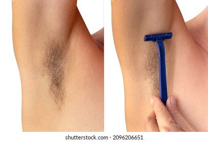 Collage Isolated Woman Hairy Unshaved Armpit And Hairy Unshaved Armpit With Razor On White Background Holding Arm Straight