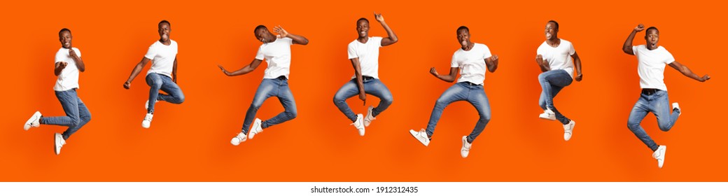 Collage of jumping in air stylish black guy on orange studio background, panorama. Carefree african american young man showing funny figures, jumping, running, dancing, fooling - Shutterstock ID 1912312435