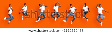 Collage of jumping in air stylish black guy on orange studio background, panorama. Carefree african american young man showing funny figures, jumping, running, dancing, fooling