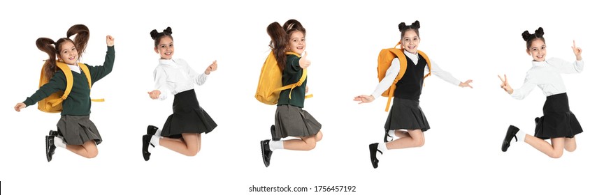 Collage of jumping girl in school uniform on white background. Banner design