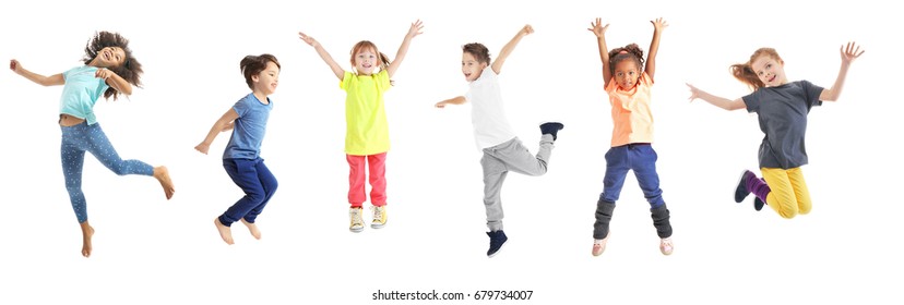Collage of jumping schoolchildren on white background - Shutterstock ID 679734007
