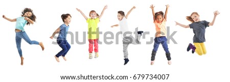 Collage of jumping schoolchildren on white background