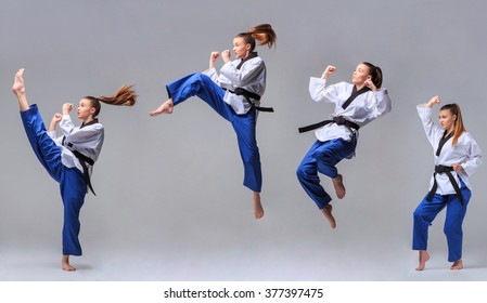 The collage of karate girl with black belt - Powered by Shutterstock