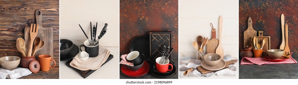 Collage of kitchen utensils on table - Shutterstock ID 2198096899